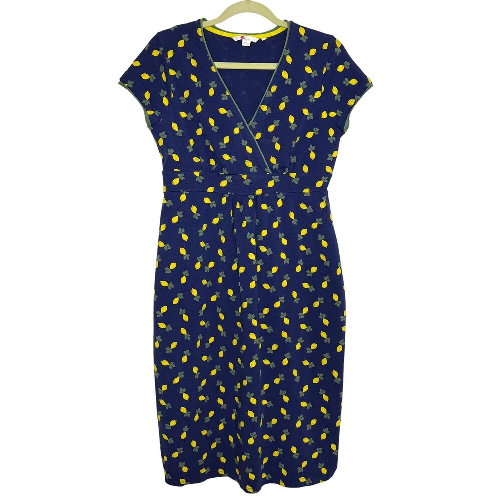 Boden Lola Dress Lemon Surplice Fit Flare Knit Navy Blue Yellow US 10L 10 Long